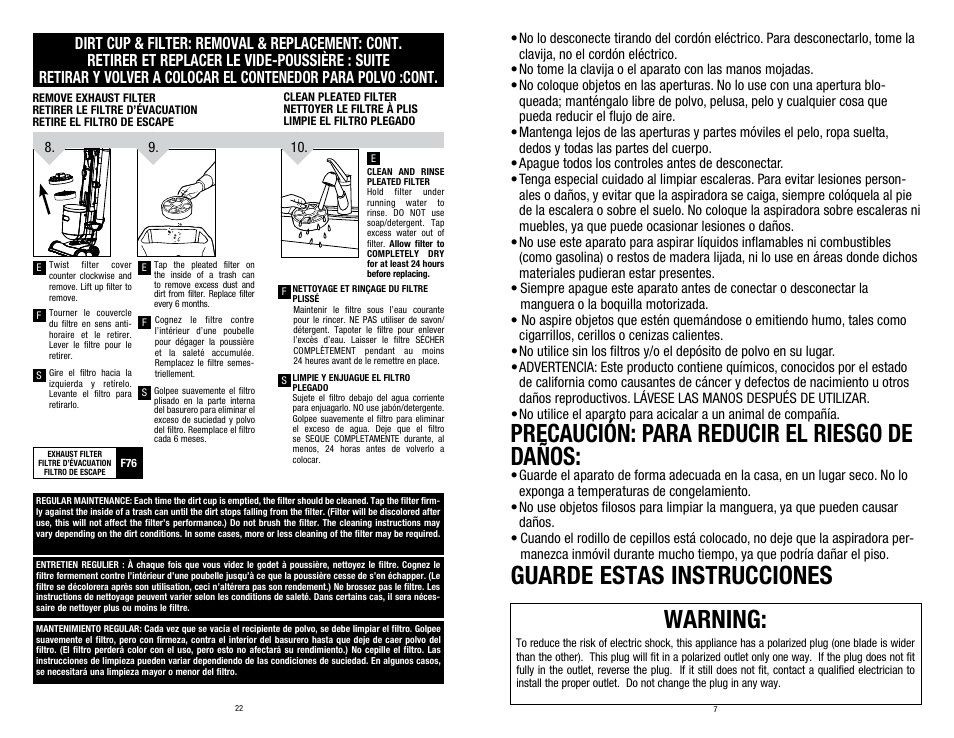 Warning, Precaución: para reducir el riesgo de daños, Guarde estas instrucciones | Dirt Devil UD70150 User Manual | Page 7 / 14