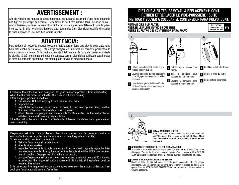 Advertencia, Avertissement | Dirt Devil UD70150 User Manual | Page 8 / 14