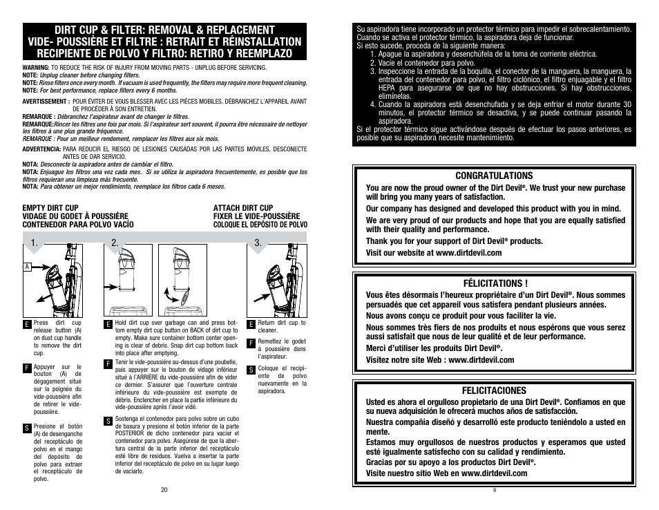 Felicitaciones, Félicitations | Dirt Devil UD70150 User Manual | Page 9 / 14