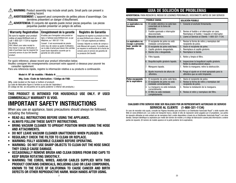 Important safety instructions, Guia de solución de problemas | Dirt Devil UD40285 User Manual | Page 2 / 12