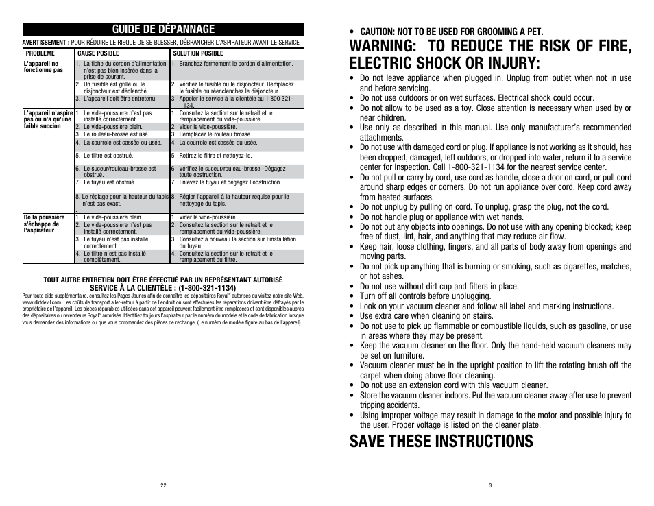 Save these instructions, Guide de dépannage | Dirt Devil UD40285 User Manual | Page 3 / 12