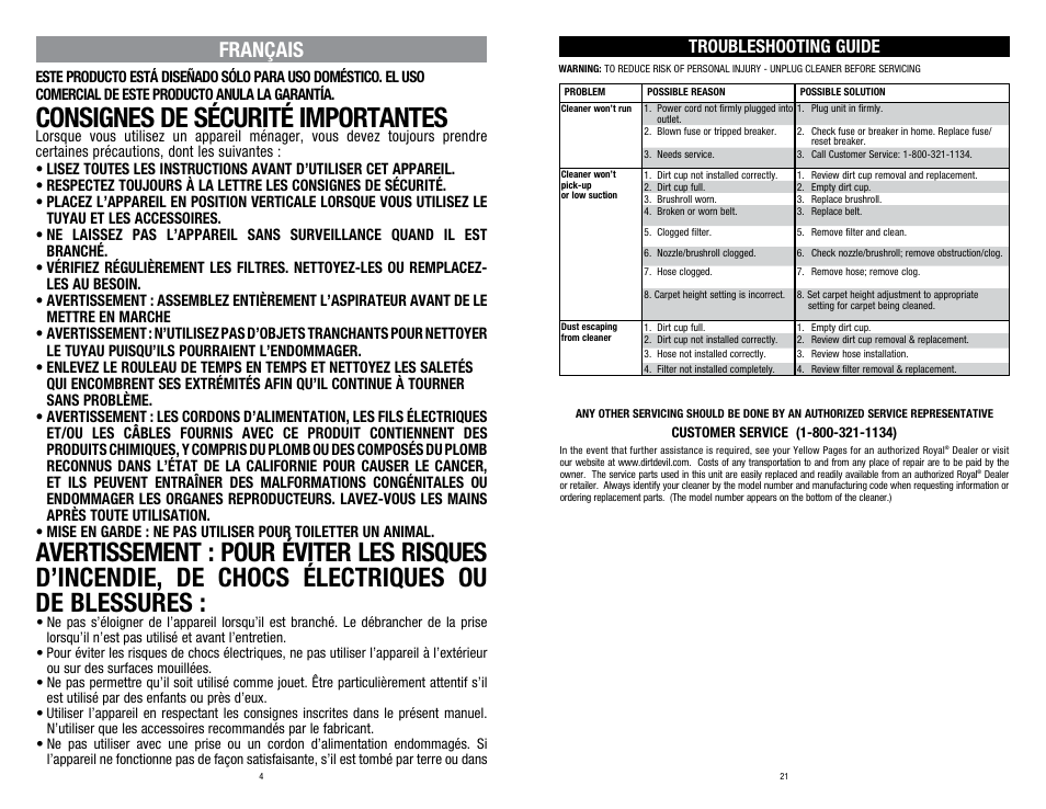 Consignes de sécurité importantes, Français, Troubleshooting guide | Dirt Devil UD40285 User Manual | Page 4 / 12