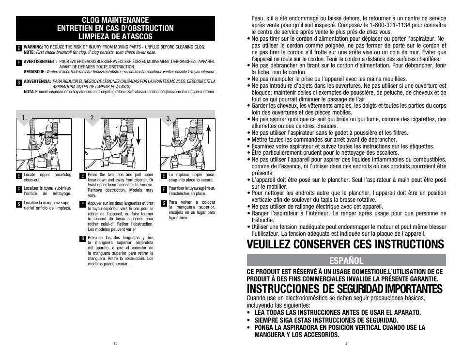Instrucciones de seguridad importantes, Veuillez conserver ces instructions, Español | Dirt Devil UD40285 User Manual | Page 5 / 12