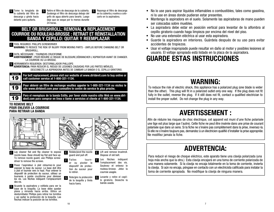 Avertissement, Advertencia, Warning | Guarde estas instrucciones | Dirt Devil UD40285 User Manual | Page 7 / 12