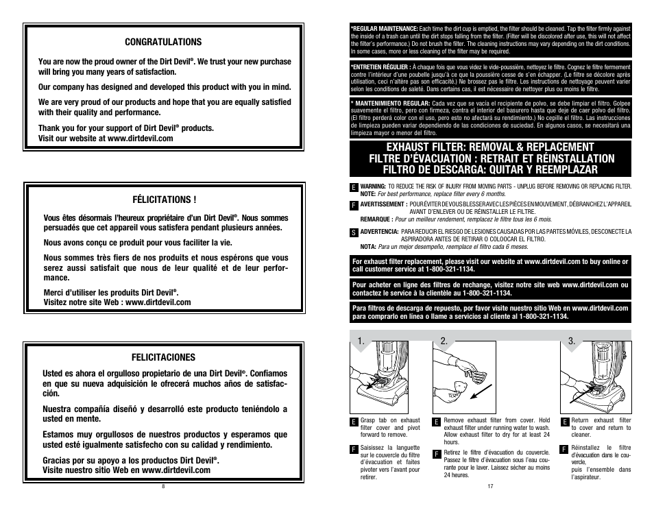 Félicitations, Felicitaciones | Dirt Devil UD40285 User Manual | Page 8 / 12