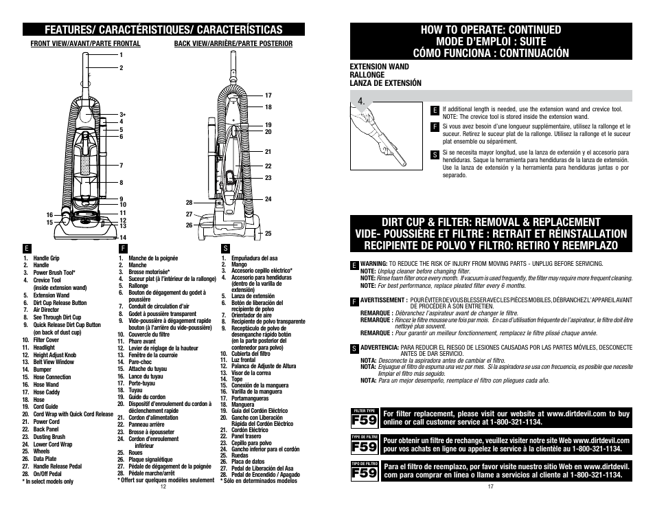 Features/ caractéristiques/ características | Dirt Devil UD70220RM User Manual | Page 12 / 14
