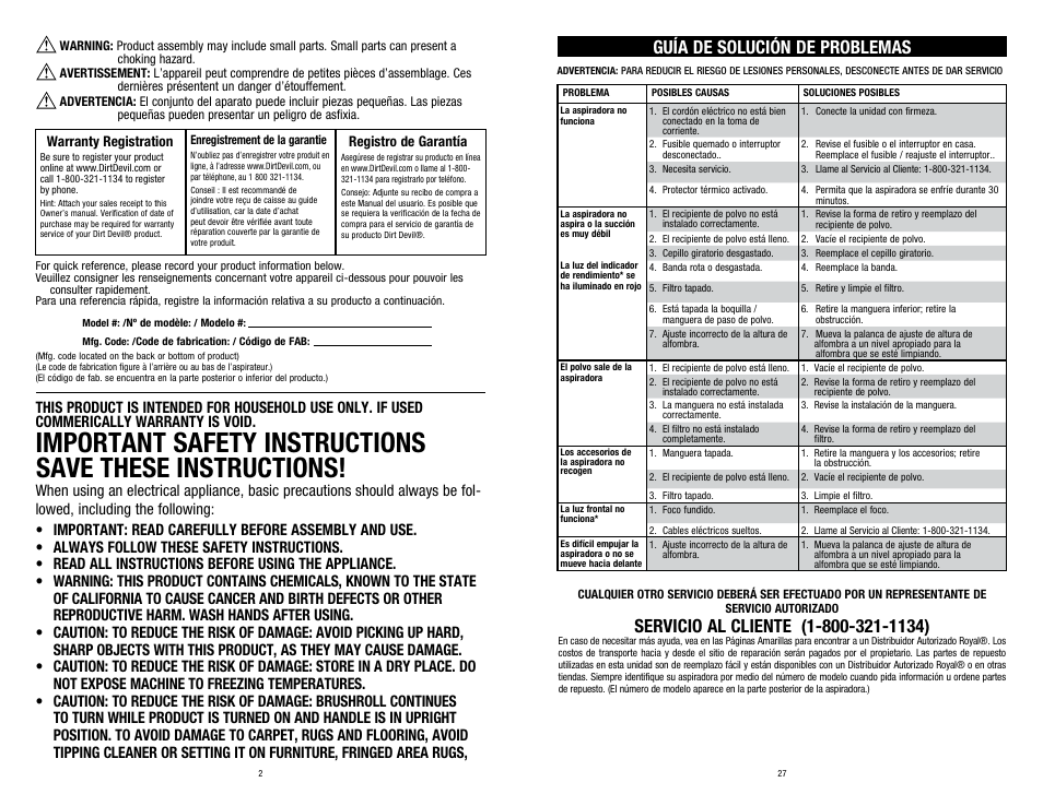 Guía de solución de problemas | Dirt Devil UD70220RM User Manual | Page 2 / 14