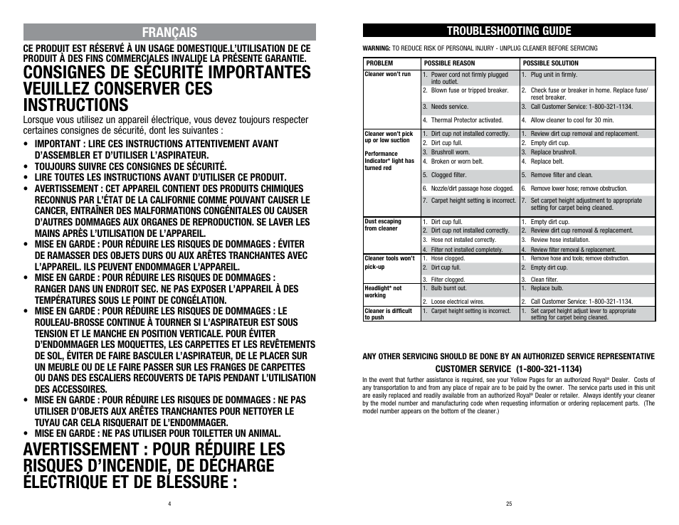 Français, Troubleshooting guide | Dirt Devil UD70220RM User Manual | Page 4 / 14