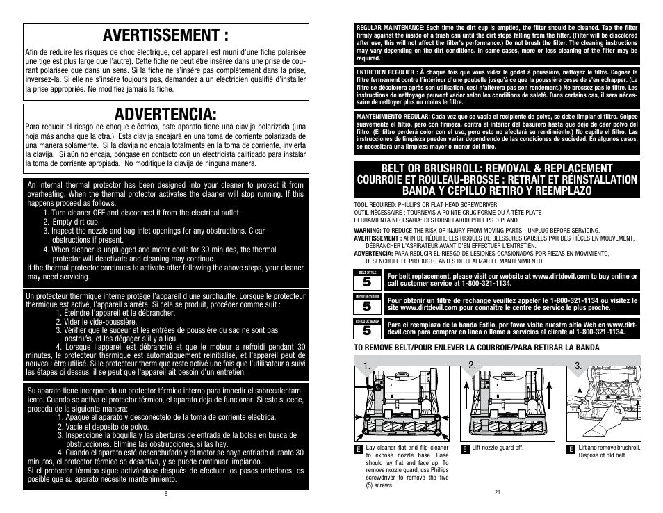 Advertencia, Avertissement | Dirt Devil UD70220RM User Manual | Page 8 / 14
