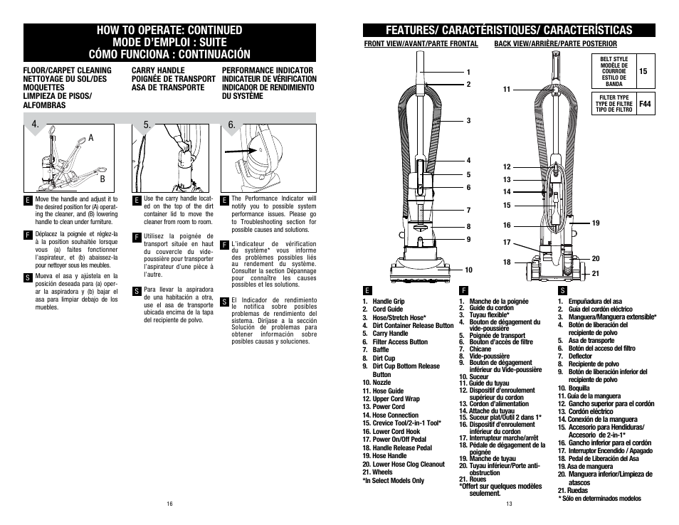 Features/ caractéristiques/ características | Dirt Devil UD20015 User Manual | Page 13 / 14