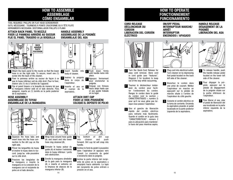 How to assemble assemblage cómo ensamblar, How to operate fonctionnement funcionamiento | Dirt Devil UD20015 User Manual | Page 14 / 14