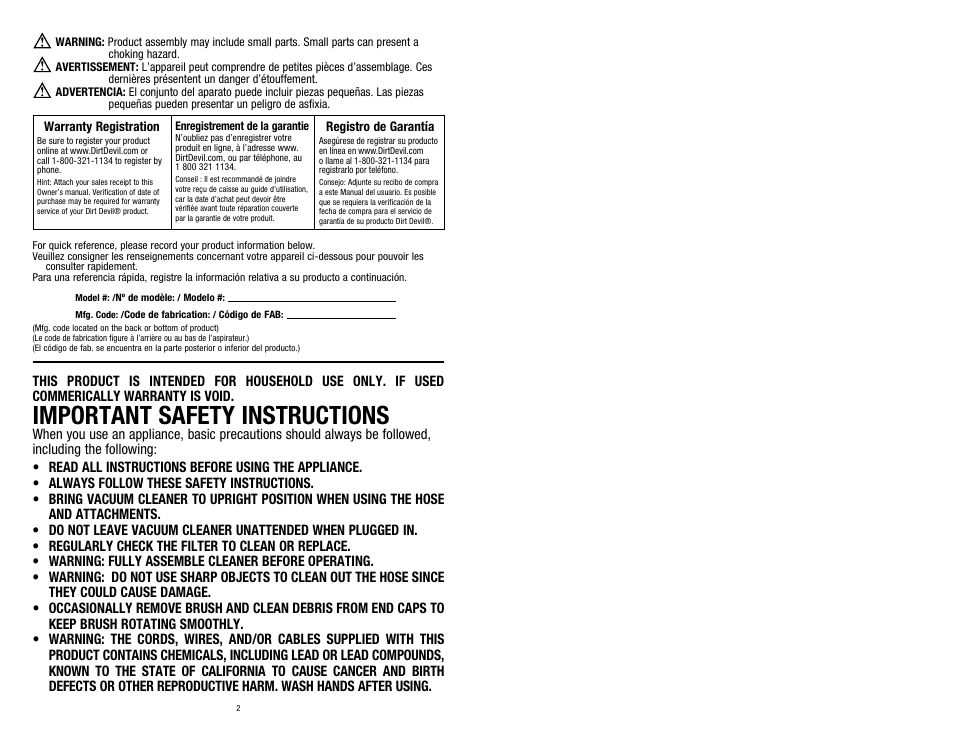 Important safety instructions | Dirt Devil UD20015 User Manual | Page 2 / 14