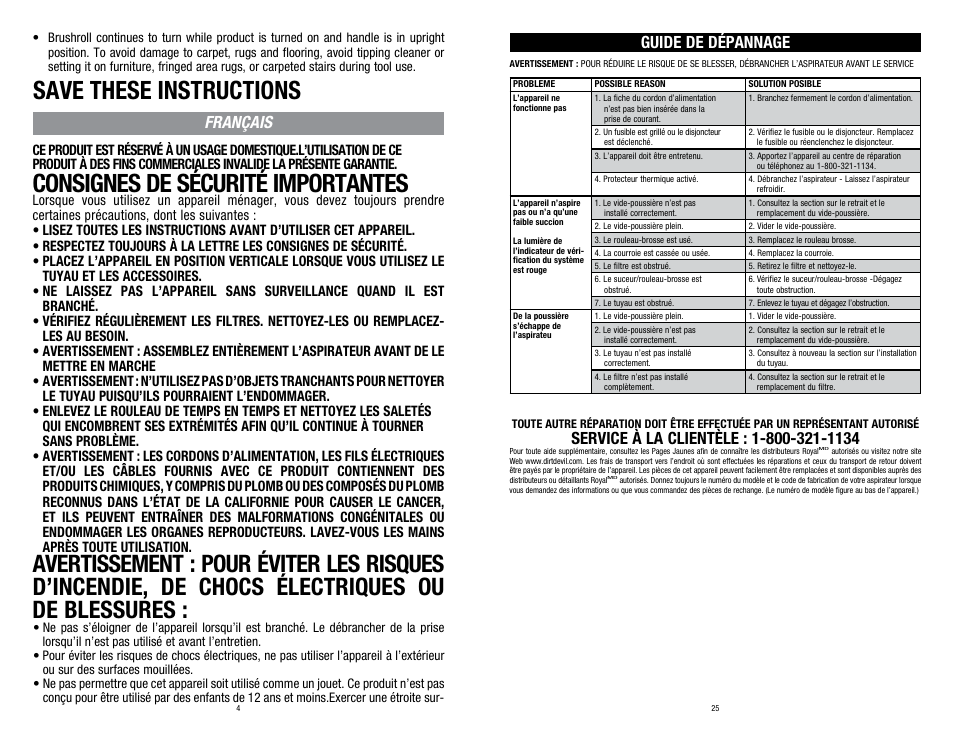 Consignes de sécurité importantes, Save these instructions, Français | Guide de dépannage | Dirt Devil UD20015 User Manual | Page 4 / 14