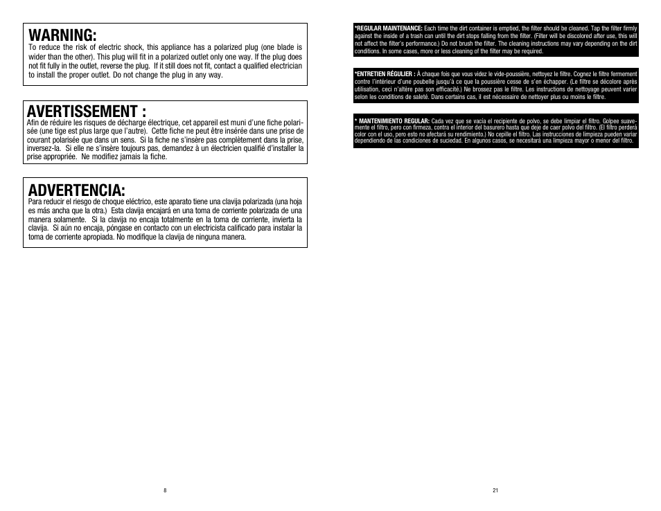 Warning, Avertissement, Advertencia | Dirt Devil UD20015 User Manual | Page 8 / 14