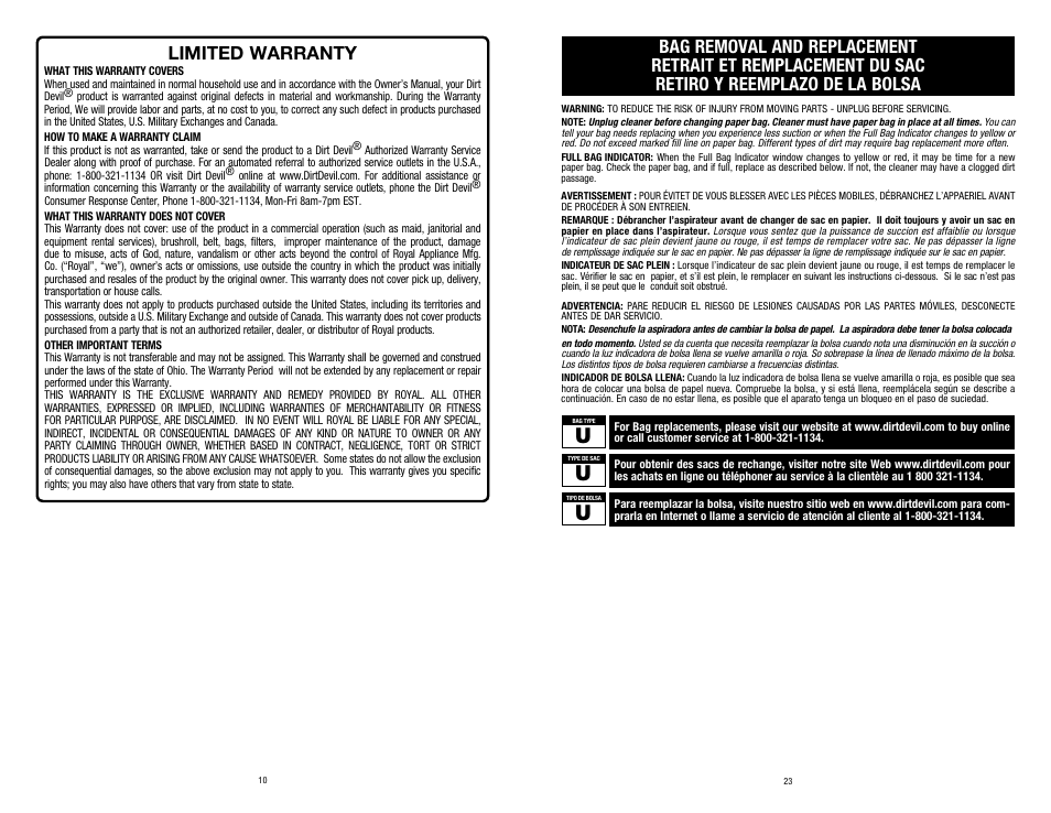 Limited warranty | Dirt Devil UD30005B User Manual | Page 10 / 16