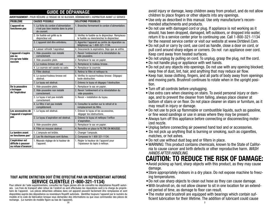 Caution: to reduce the risk of damage, Guide de dépannage | Dirt Devil UD30005B User Manual | Page 3 / 16