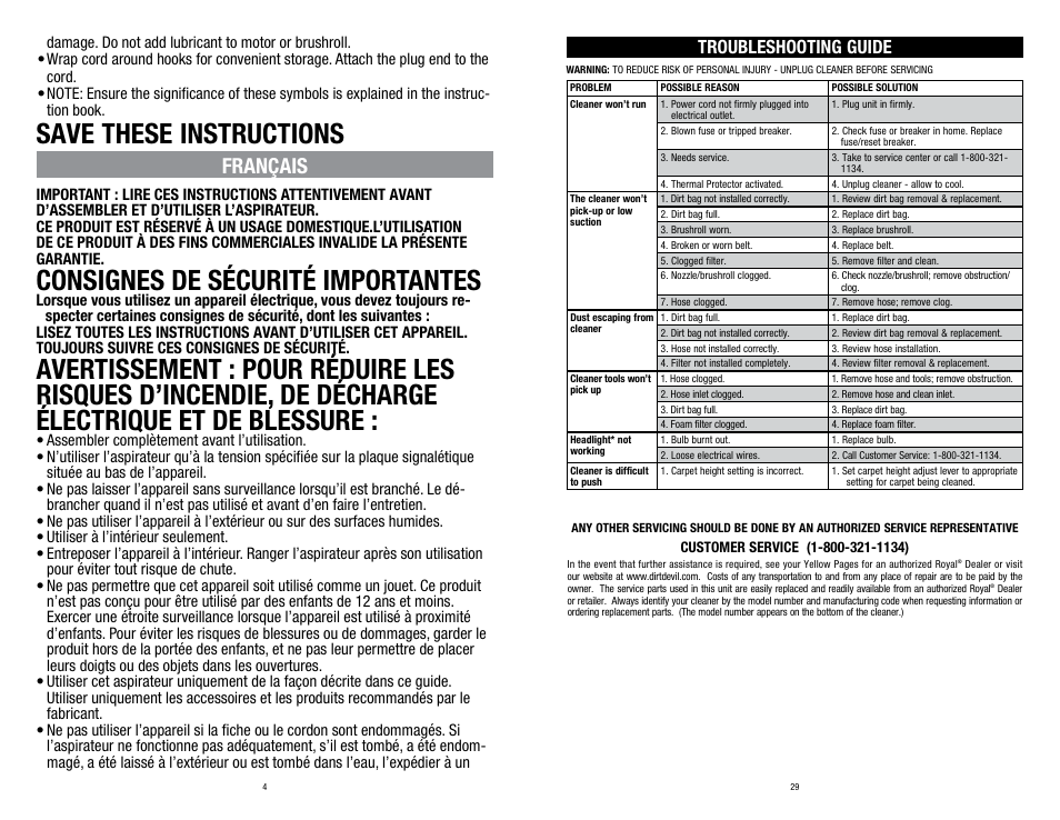 Save these instructions, Consignes de sécurité importantes, Français | Troubleshooting guide | Dirt Devil UD30005B User Manual | Page 4 / 16