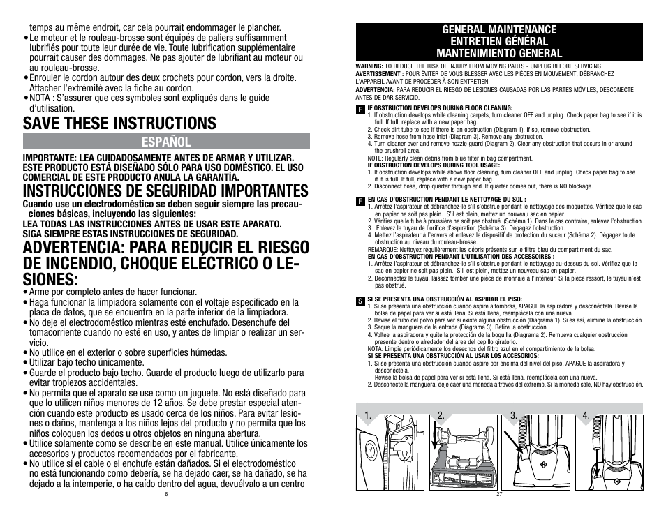 Save these instructions, Instrucciones de seguridad importantes, Español | Dirt Devil UD30005B User Manual | Page 6 / 16