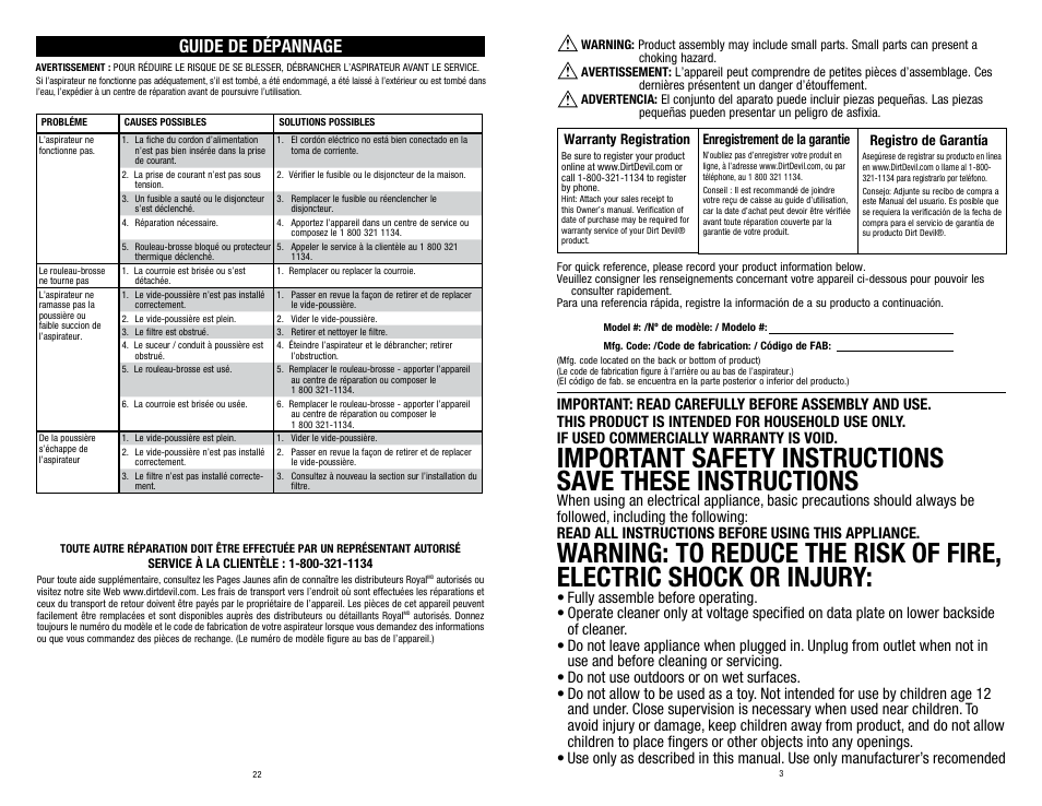Guide de dépannage | Dirt Devil SD12000 User Manual | Page 3 / 12