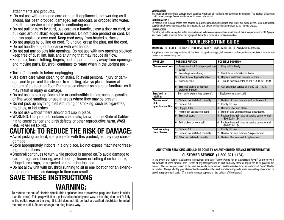 Warning, Caution: to reduce the risk of damage, Save these instructions | Troubleshooting guide | Dirt Devil SD12000 User Manual | Page 4 / 12