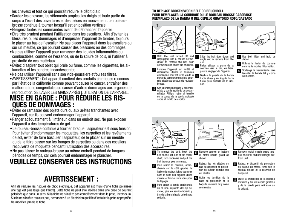 Avertissement, Veuillez conserver ces instructions | Dirt Devil SD12000 User Manual | Page 6 / 12