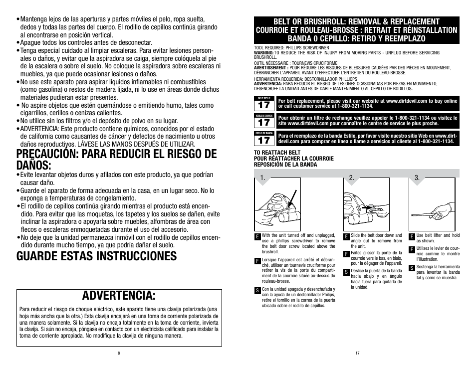 Advertencia, Precaución: para reducir el riesgo de daños, Guarde estas instrucciones | Dirt Devil SD12000 User Manual | Page 8 / 12