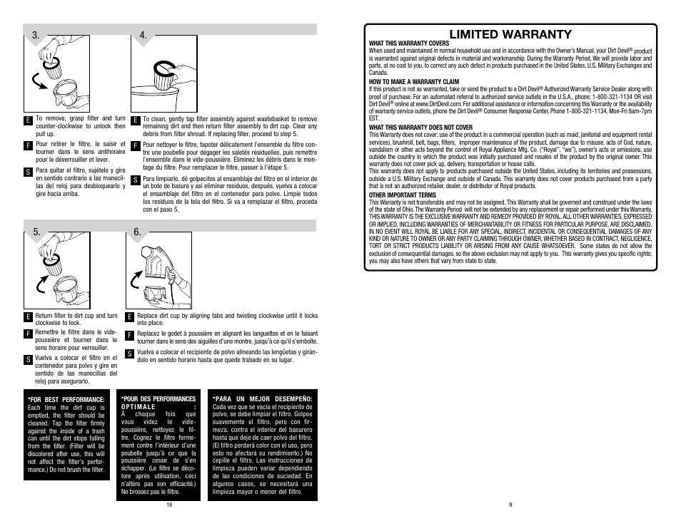 Limited warranty | Dirt Devil SD12000 User Manual | Page 9 / 12