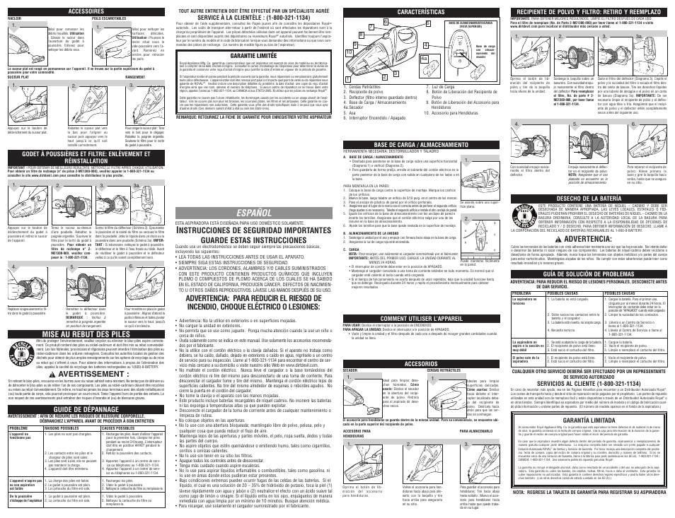 Español, Mise au rebut des piles, Avertissement | Advertencia, Guide de dépannage | Dirt Devil M0914X User Manual | Page 2 / 2