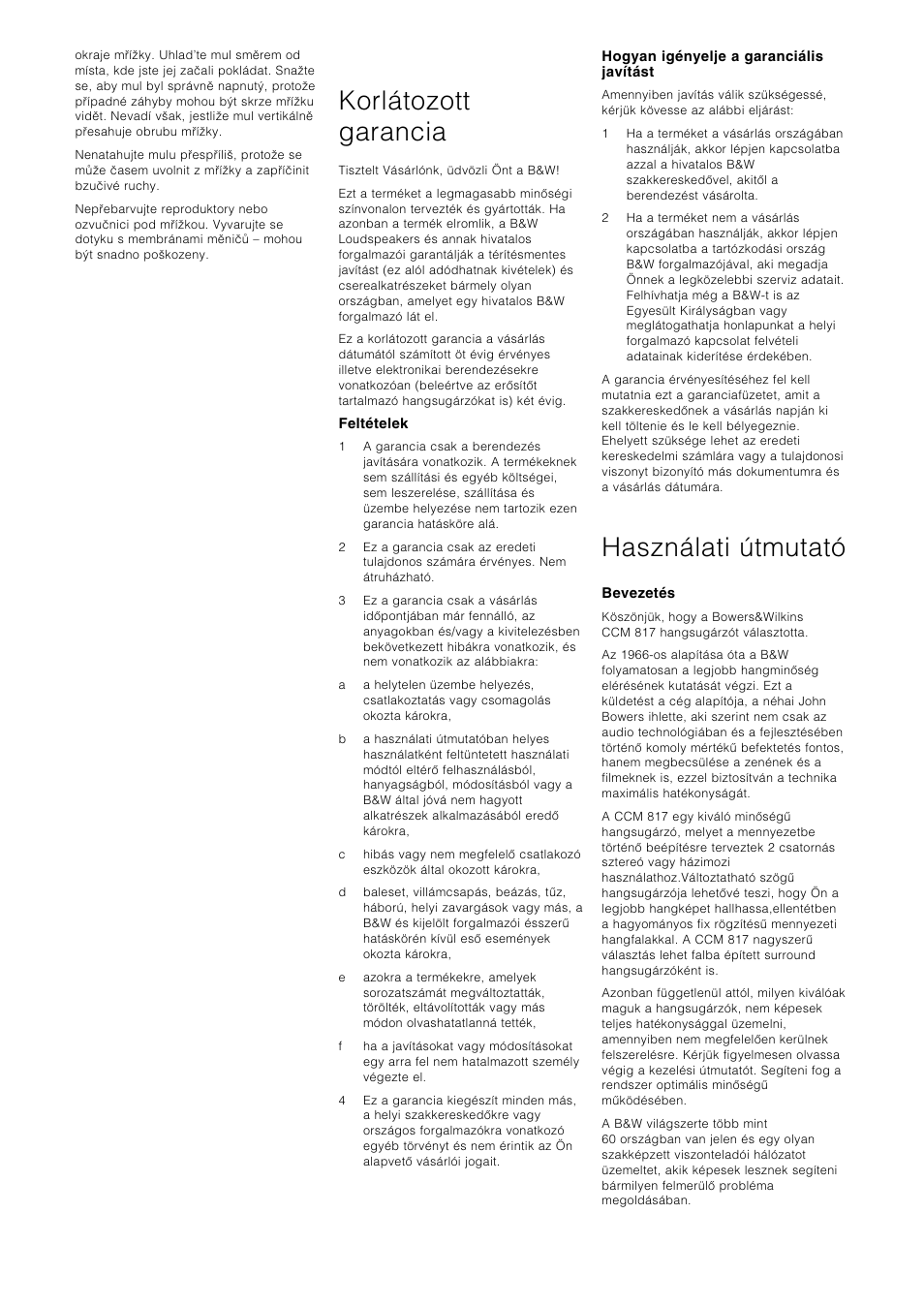 Magyar korlátozott garancia, Használati útmutató | Bowers & Wilkins CCM817 User Manual | Page 26 / 35