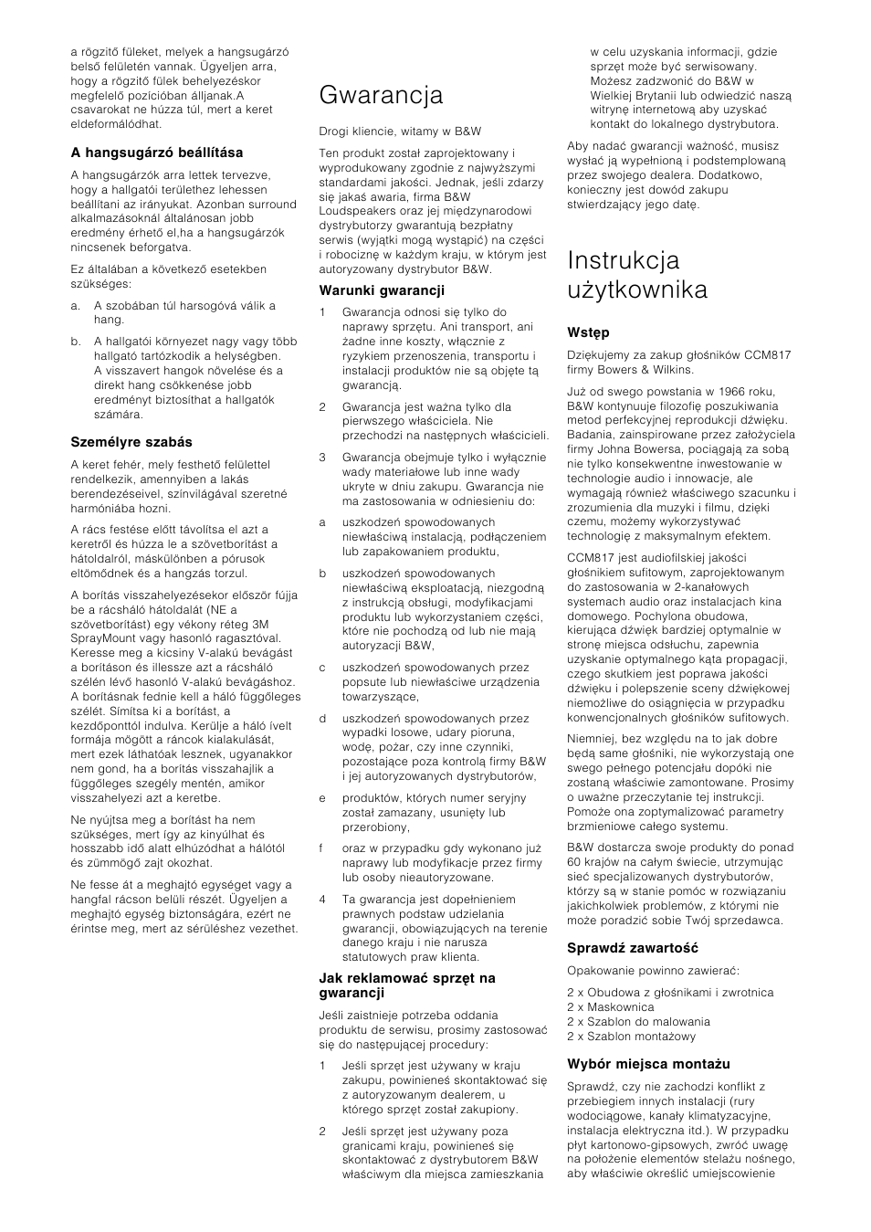 Polski gwarancja, Instrukcja uãytkownika | Bowers & Wilkins CCM817 User Manual | Page 28 / 35