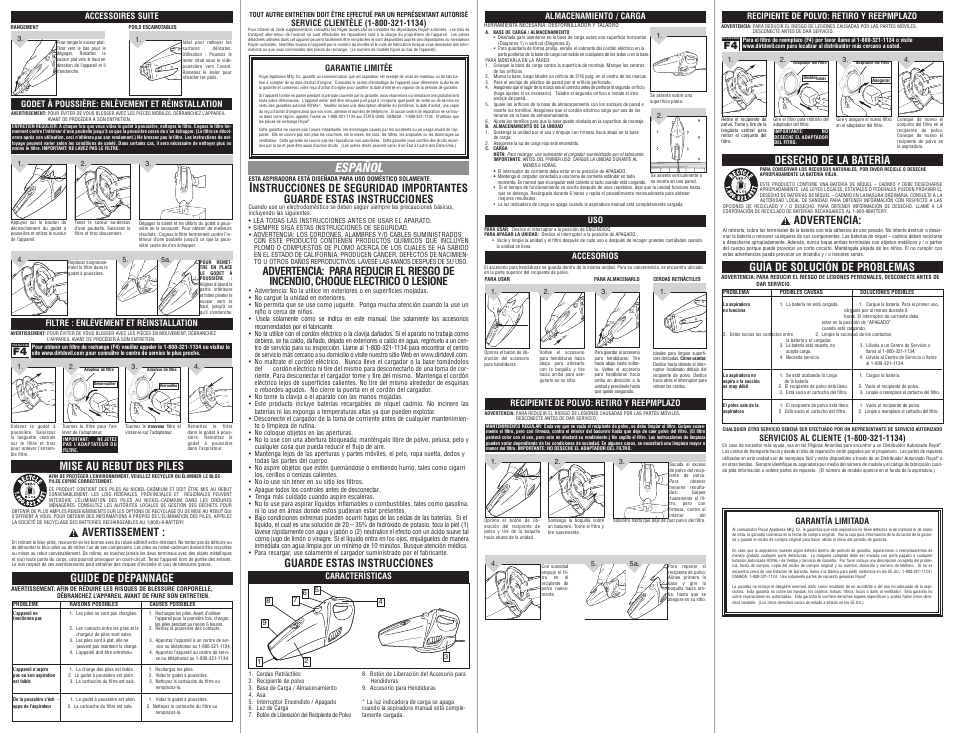 Español, Mise au rebut des piles, Avertissement | Guide de dépannage, Guarde estas instrucciones, Desecho de la batería, Advertencia, Guía de solución de problemas | Dirt Devil BD10045 User Manual | Page 2 / 2