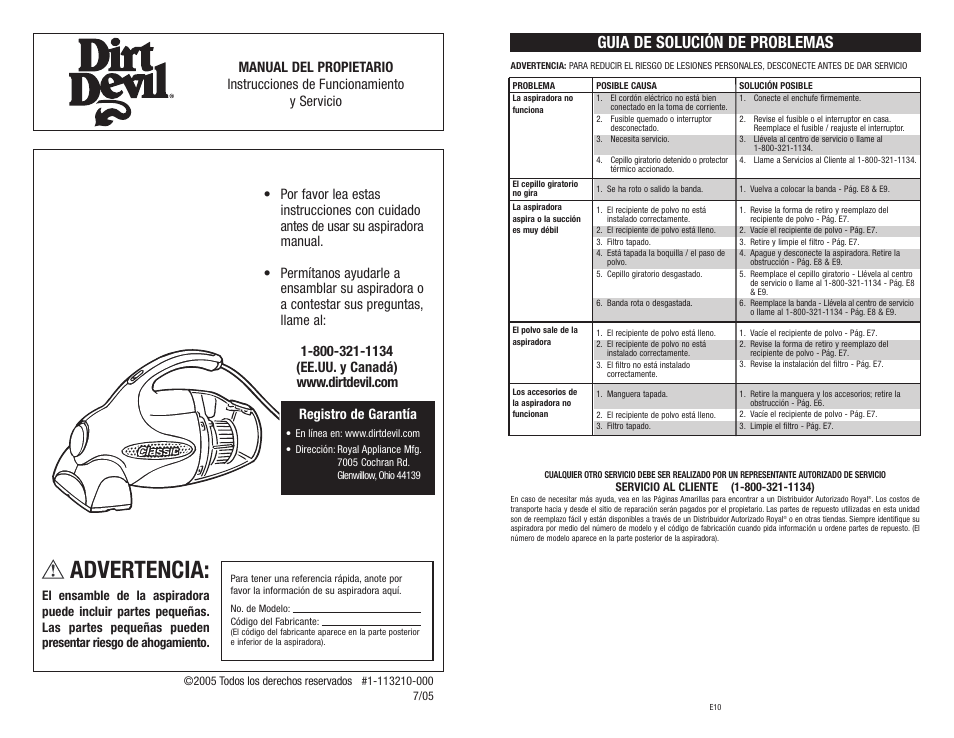 Advertencia, Guia de solución de problemas | Dirt Devil M0100 User Manual | Page 11 / 15