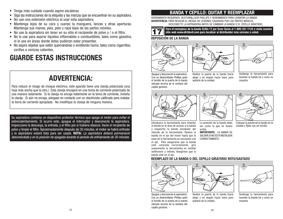 Advertencia, Guarde estas instrucciones, Banda y cepillo: quitar y reemplazar | Dirt Devil M0100 User Manual | Page 13 / 15