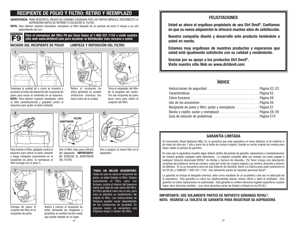 Recipiente de polvo y filtro: retiro y reemplazo | Dirt Devil M0100 User Manual | Page 14 / 15