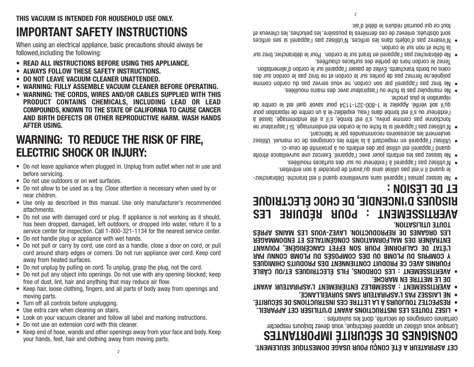 Important safety instructions, Consignes de sécurité importantes | Dirt Devil M0100 User Manual | Page 2 / 15