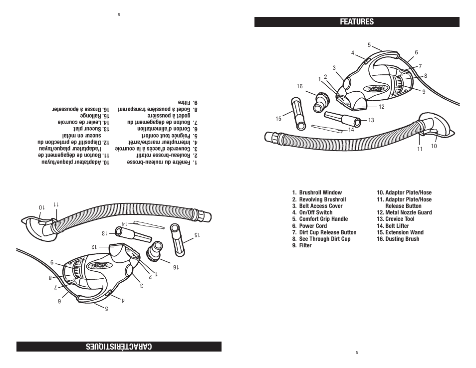 Features caractéristiques | Dirt Devil M0100 User Manual | Page 5 / 15