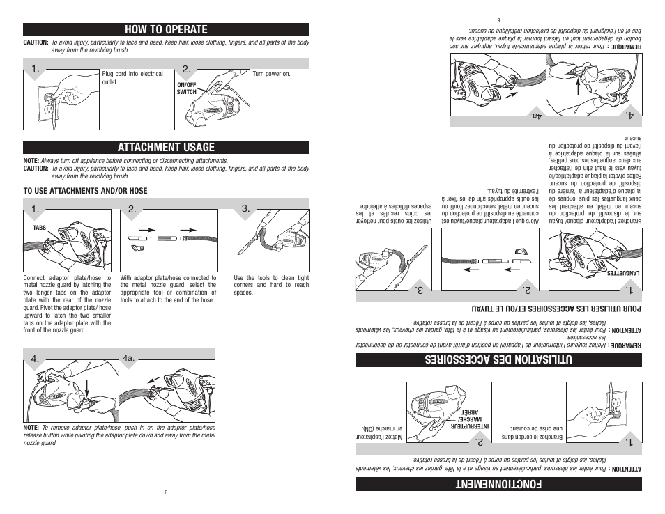 How to operate, Fonctionnement attachment usage, Utilisation des accessoires | Dirt Devil M0100 User Manual | Page 6 / 15