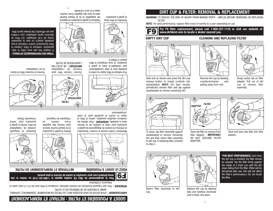 Dirt cup & filter: removal & replacement | Dirt Devil M0100 User Manual | Page 7 / 15