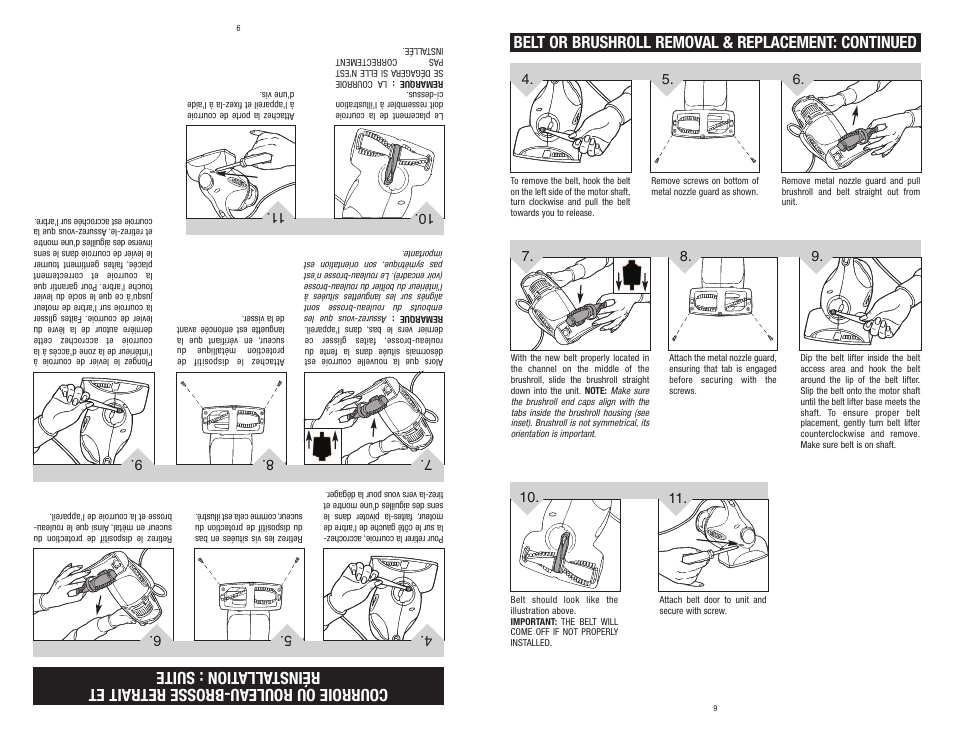 Belt or brushroll removal & replacement: continued | Dirt Devil M0100 User Manual | Page 9 / 15