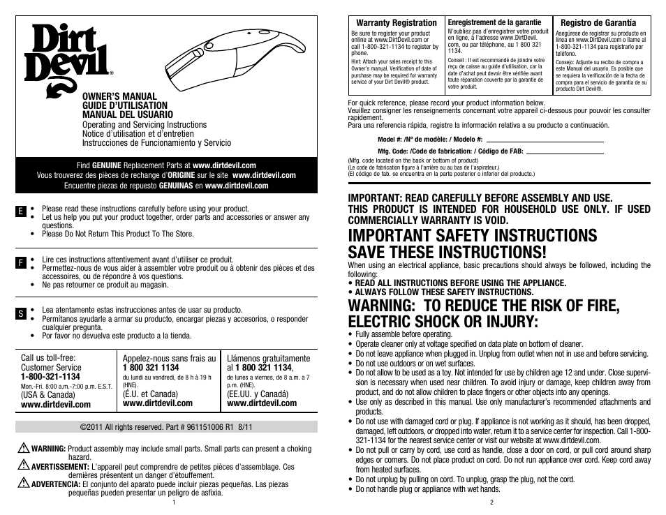 Dirt Devil SD10200 User Manual | 6 pages