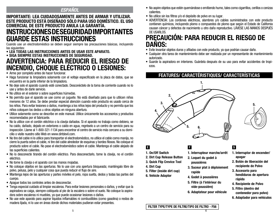 Precaución: para reducir el riesgo de daños | Dirt Devil SD10200 User Manual | Page 3 / 6