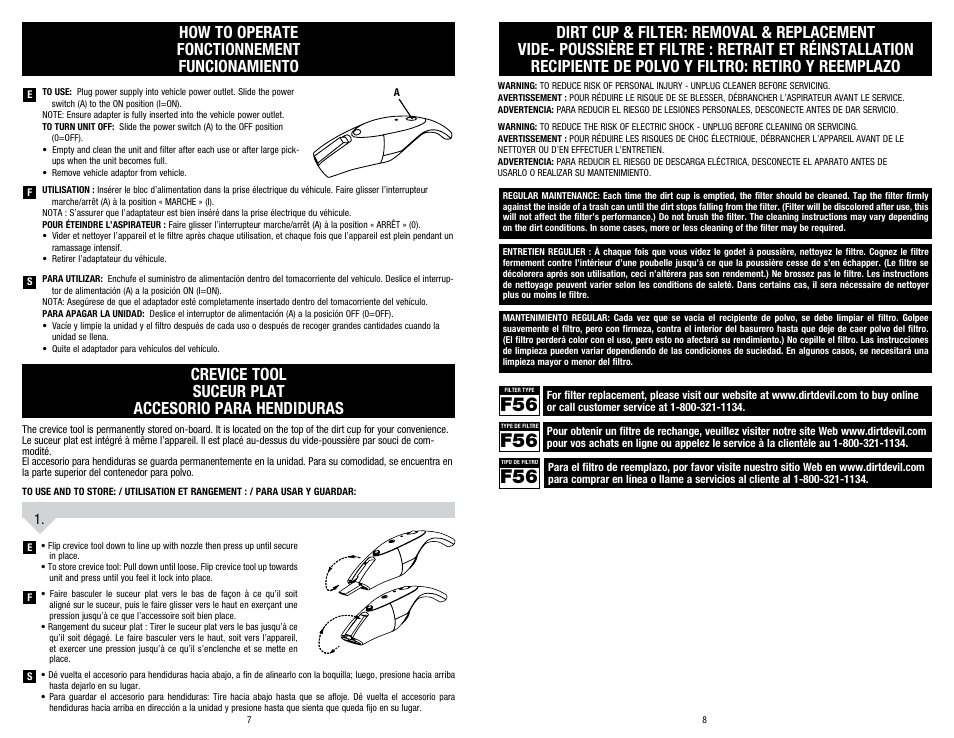 How to operate fonctionnement funcionamiento, Crevice tool suceur plat accesorio para hendiduras | Dirt Devil SD10200 User Manual | Page 4 / 6