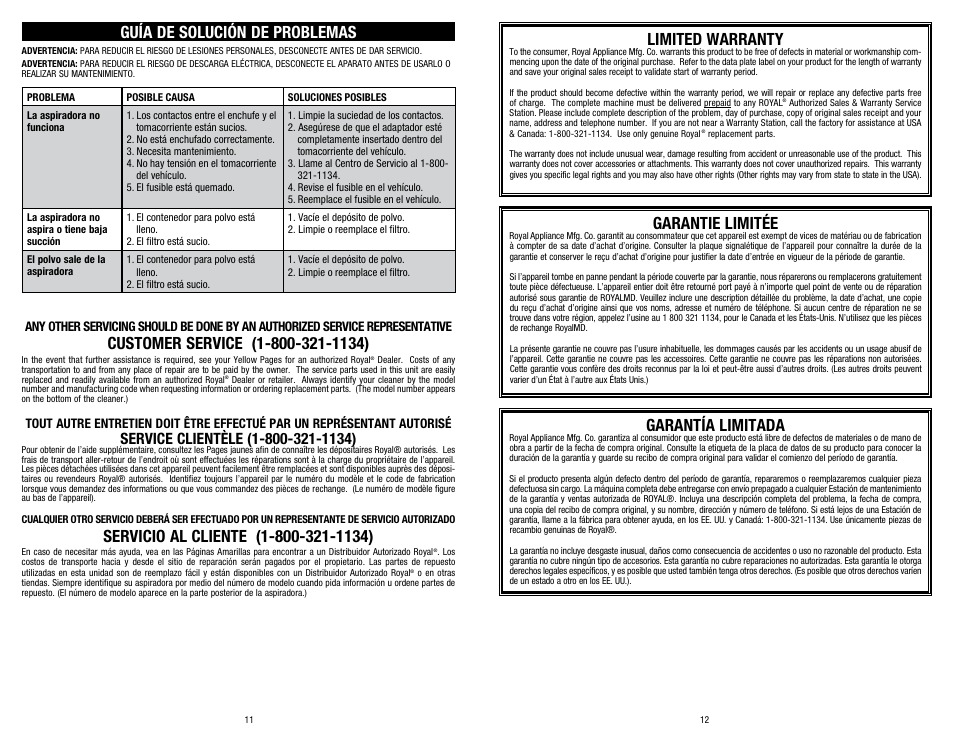 Guía de solución de problemas, Limited warranty, Garantie limitée | Garantía limitada | Dirt Devil SD10200 User Manual | Page 6 / 6