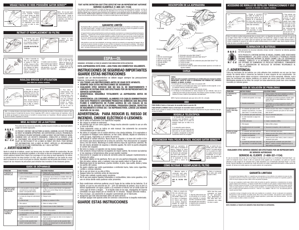 Guarde estas instrucciones, Espa—ol, Advertencia | Avertissement | Dirt Devil BD10125 User Manual | Page 2 / 2