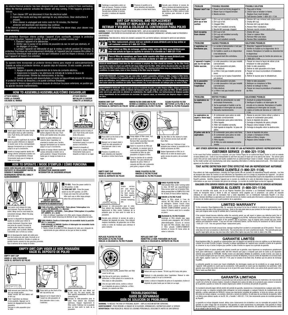 How to assemble/assemblage/cómo ensamblar, How to operate / mode d’emploi / cómo funciona, Limited warranty | Garantie limitée, Garantía limitada | Dirt Devil SD20505 User Manual | Page 2 / 2