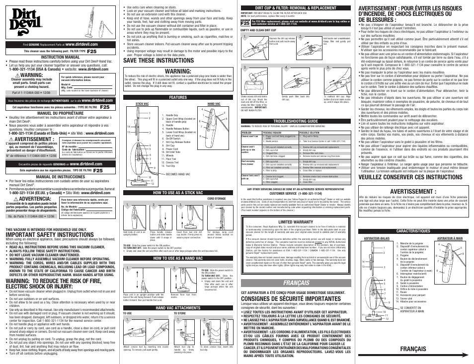 Dirt Devil SD20000 User Manual | 2 pages