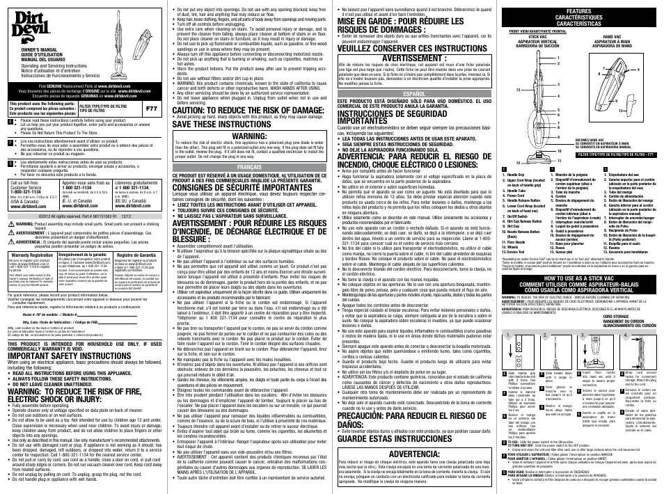 Dirt Devil SD20020 User Manual | 2 pages