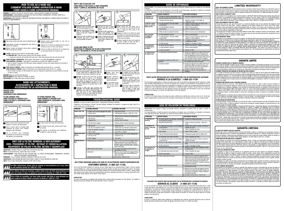 Guide de dépannage guía de solución de problemas, Troubleshooting guide, Garantie limitée | Garantía limitada | Dirt Devil SD20020 User Manual | Page 2 / 2