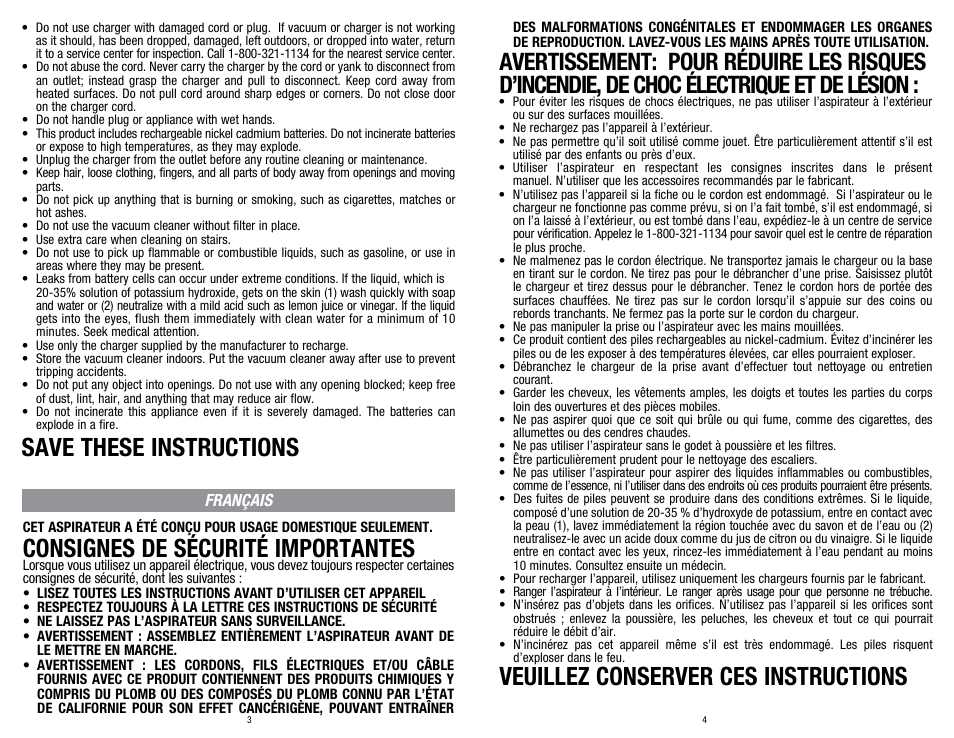 Save these instructions, Consignes de sécurité importantes, Veuillez conserver ces instructions | Dirt Devil BD20050 User Manual | Page 2 / 8