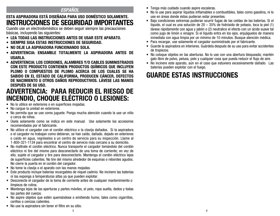 Instrucciones de seguridad importantes, Guarde estas instrucciones | Dirt Devil BD20050 User Manual | Page 3 / 8